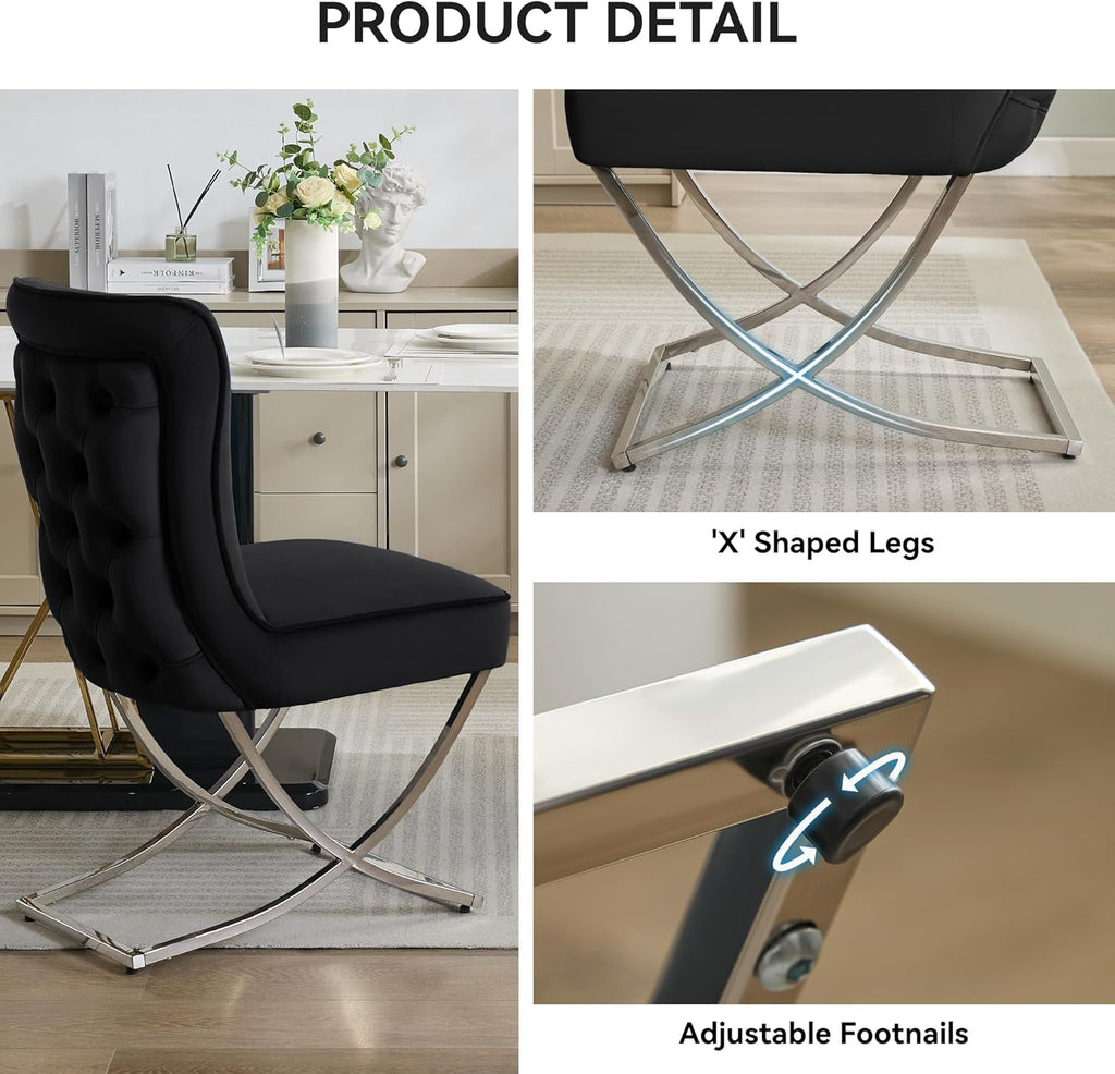 WUTUTUEE Luxury Velvet Dining Chairs, Tufted Upholstered Armless Accent Chairs with Silver Metal X-Legs, Modern Glam Dining Room Chair Set of 2, Black