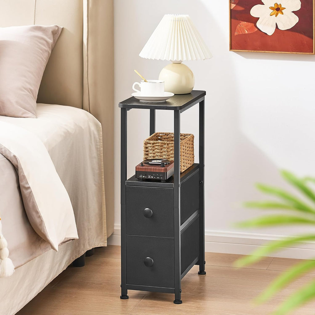 DALEMHOME End Table, Narrow Side Table with 2 Fabric Drawers, Slim Nightstand, Small Bedside Table with Storage, Living Room, Bedroom, Black HKET1200BK