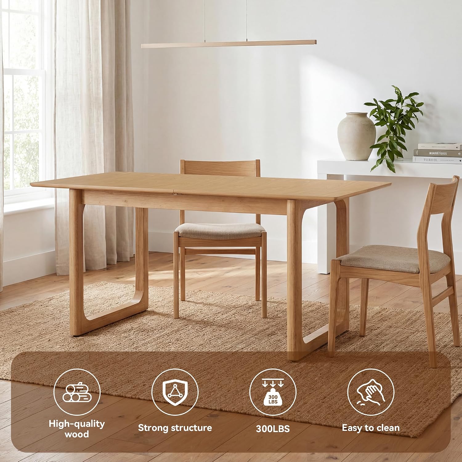 HNY Extendable Wood Dining Table for 4-8, 71" Inch Modern Rectangular Kitchen Tables with Wooden Base Farmhouse Dinner Table for Dining Room, Living Room, Home, Natural Oak