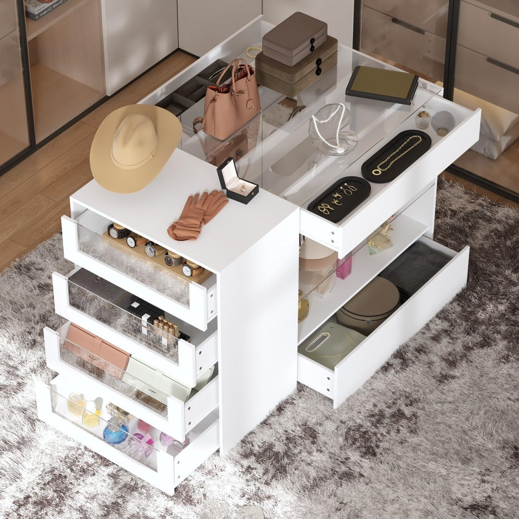 Armoire Bedroom Island Wardrobe Closet Island with 8 Drawers & Glass Tabletop, Walk in Closet Island with Drawers, Island Dresser with Display Shelf, for Bedroom White 47.2”W x 23.6”W x 31.5”H
