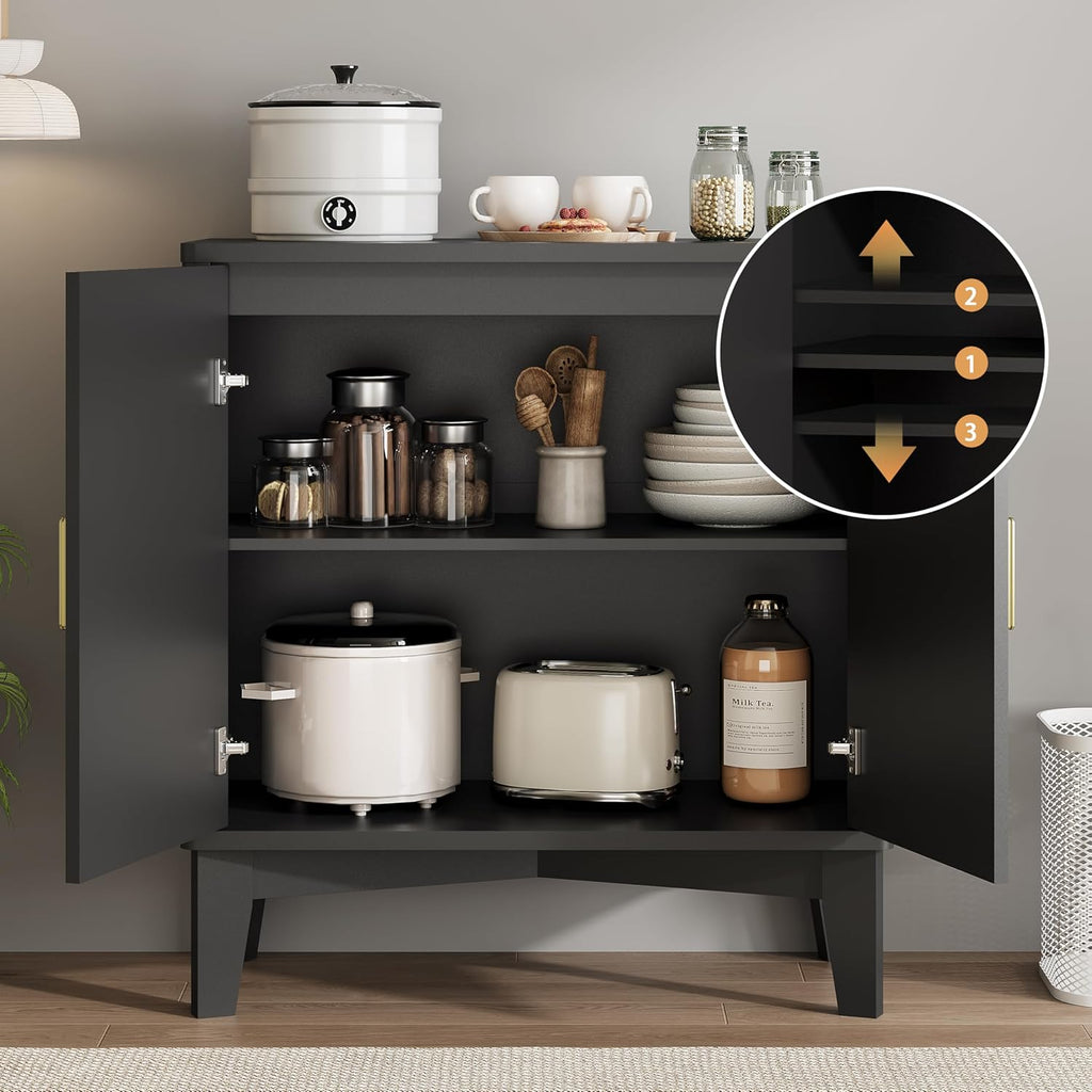 Xixini Fluted Buffet Sideboard Cabinet with Storage, 30" Mid Century Modern Coffee Wine Bar with Adjustable Shelves, Wood Small Buffet Table with 2 Doors for Kitchen, Dining Room, Living Room, Black