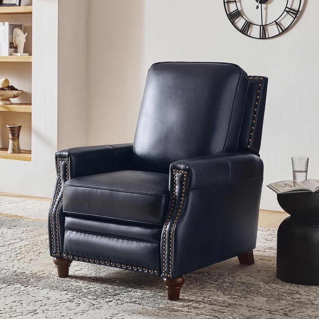 HULALA HOME Genuine Leather Manual Recliners Set of 2 with Wood Legs, Navy | Mid Century Modern Push Back Recliner with Nailhead Trim, Adjustable Backrest & Footrest, for Living Room Home Theater