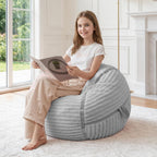 2FT Bean Bag Chair 2'Bean Bag Chairs with Memory Foam Filled Small Bean Bag | Bean bags with Machine Washable Cover Corded Plush Fabric, Comfy Chairs for Living Room, Bedroom, Dorm, Lightgrey
