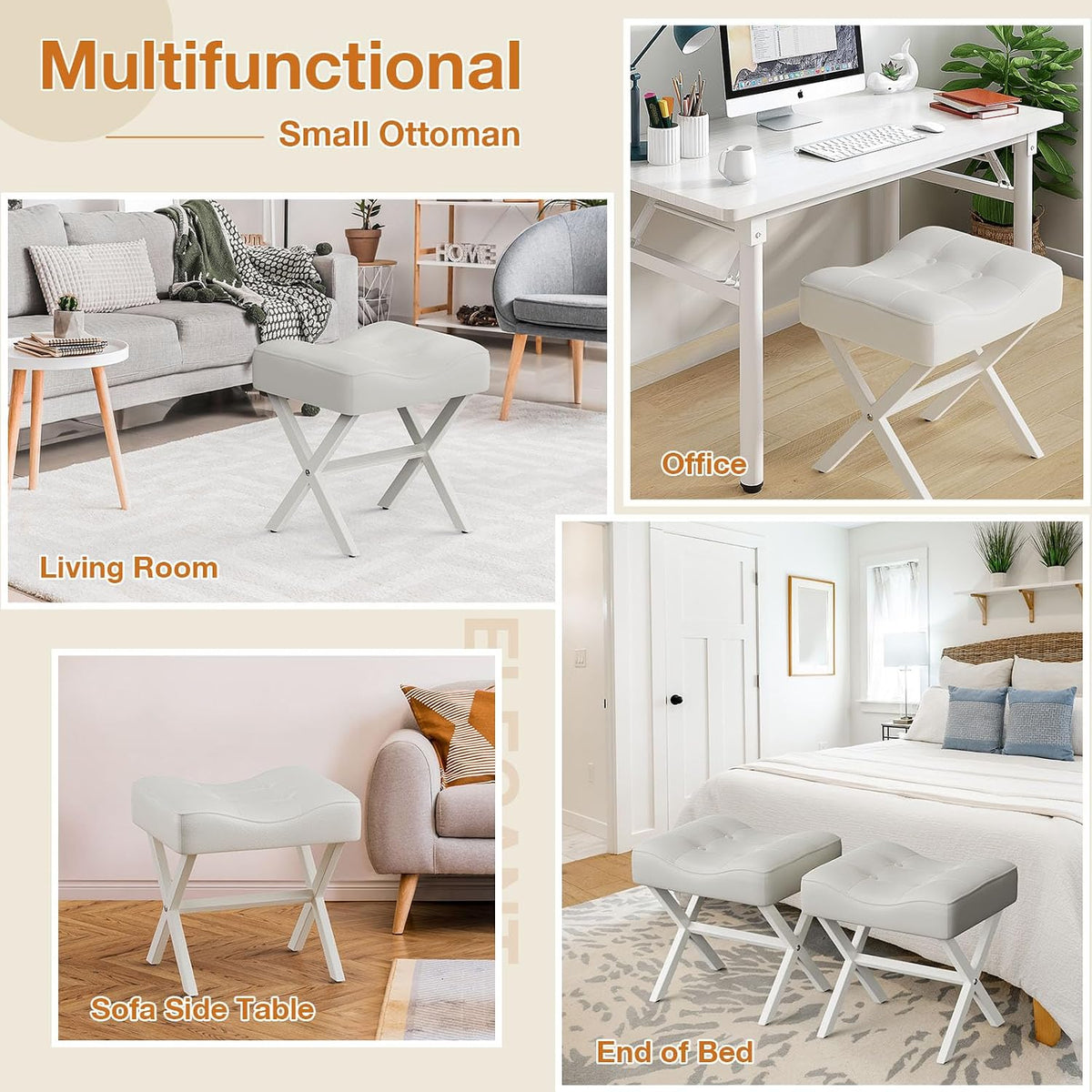 Memobarco 18-Inch Large Leather Vanity Stool, Vanity Chair with Metal X-Leg, Ottoman Accent Stool with Thick Padded Saddle Seat, White