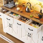 Tall Kitchen Pantry Cabinet with Carved Doors & Charging Station, Modern Storage Buffet with 4 Drawers and Adjustable Shelves, Coffee Bar Cabinet for Dining Room, White