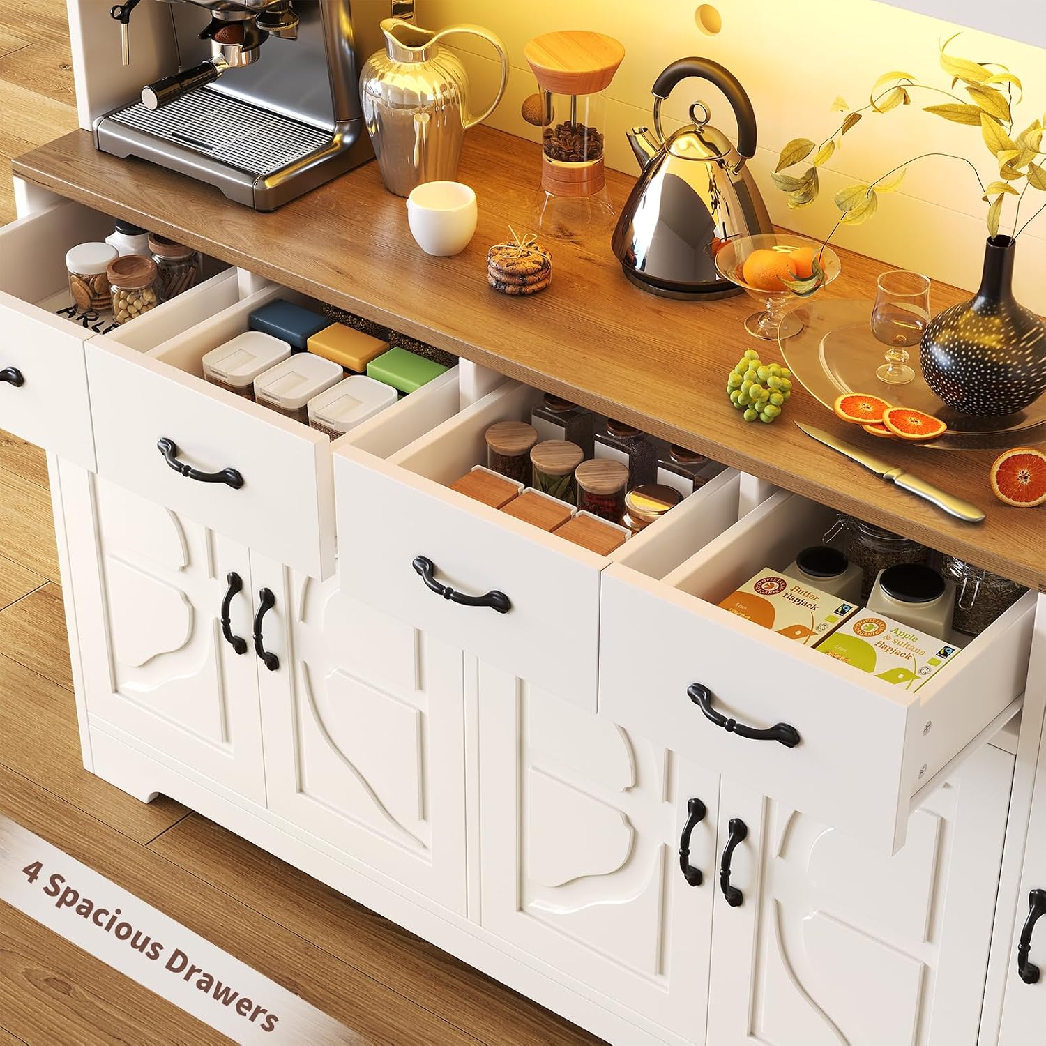 Tall Kitchen Pantry Cabinet with Carved Doors & Charging Station, Modern Storage Buffet with 4 Drawers and Adjustable Shelves, Coffee Bar Cabinet for Dining Room, White