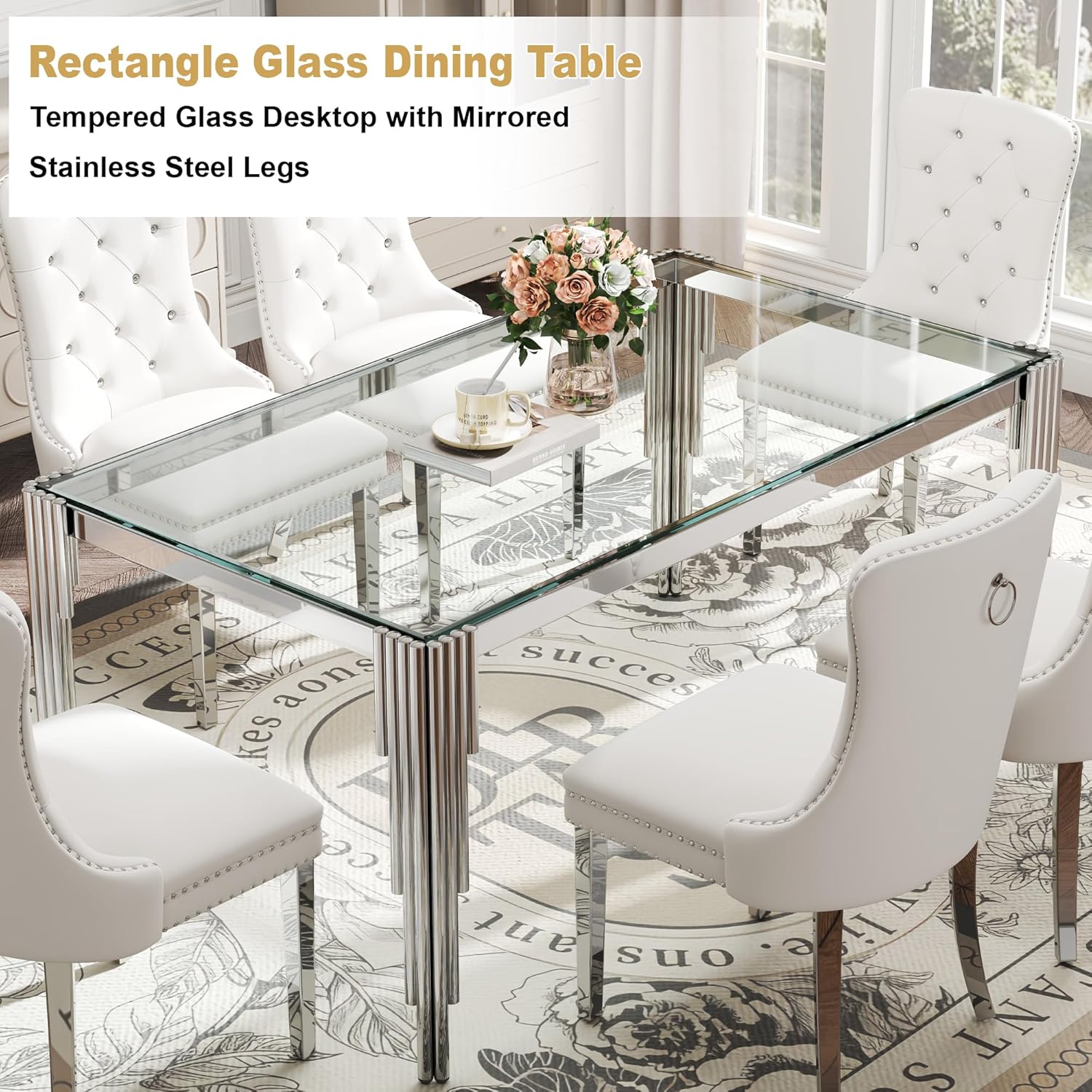 Modern Rectangle Glass Dining Table, 65" Clear Tempered Glass Desktop with Silver Mirrored Stainless Steel Legs, Stylish Elegant for 6 People, for Kitchen, Living Room, Office