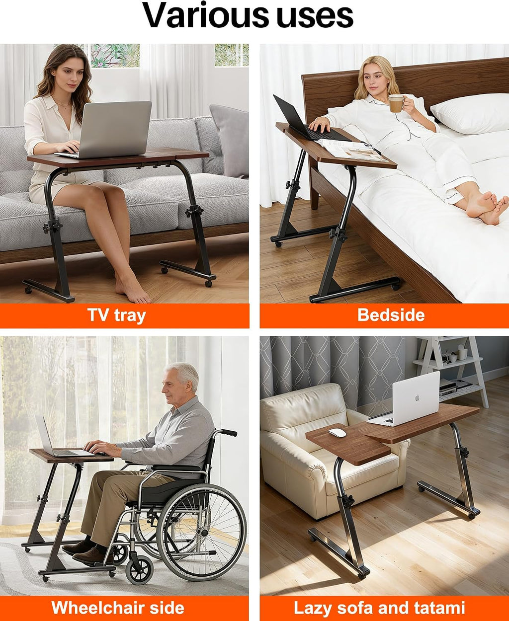 TV Tray Table with Wheels, Height Adjustable Folding Laptop Desk for Sofa | TV Dinner Trays for Eating on Couch, Mobile Sofa Side Table with Tilt Top, Portable Snack Desk for Couch, Bed and Recliner
