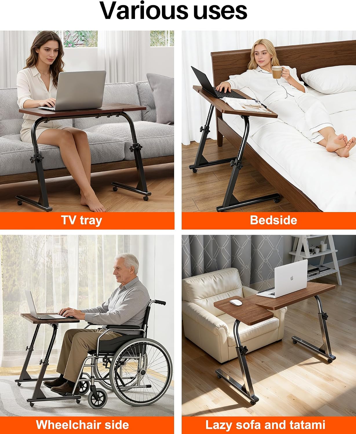TV Tray Table with Wheels, Height Adjustable Folding Laptop Desk for Sofa | TV Dinner Trays for Eating on Couch, Mobile Sofa Side Table with Tilt Top, Portable Snack Desk for Couch, Bed and Recliner