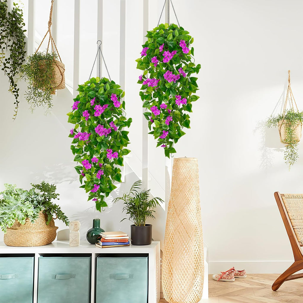 BLEUM CADE Artificial Hanging Flowers for Outdoors, 4pcs Fake Hanging Plants Pothos Vines with Purple Flowers for Wall Home Living Room Indoor Outdoor Decor (No Baskets)