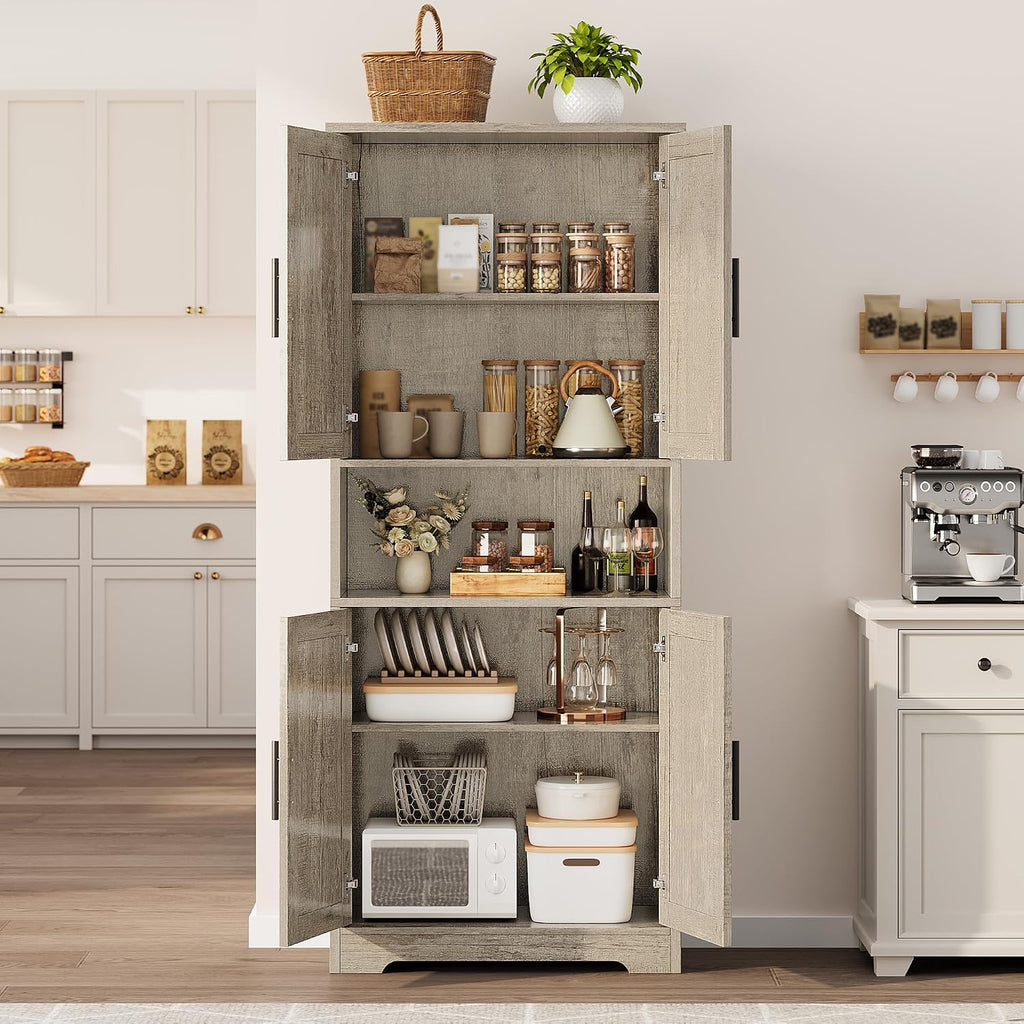 GarveeHome Tall Storage Cabinet, 70 in Kitchen Pantry Cabinet with Doors and Adjustable Shelves, Rustic Wooden Cupboard for Dining Room, Living Room,Gray