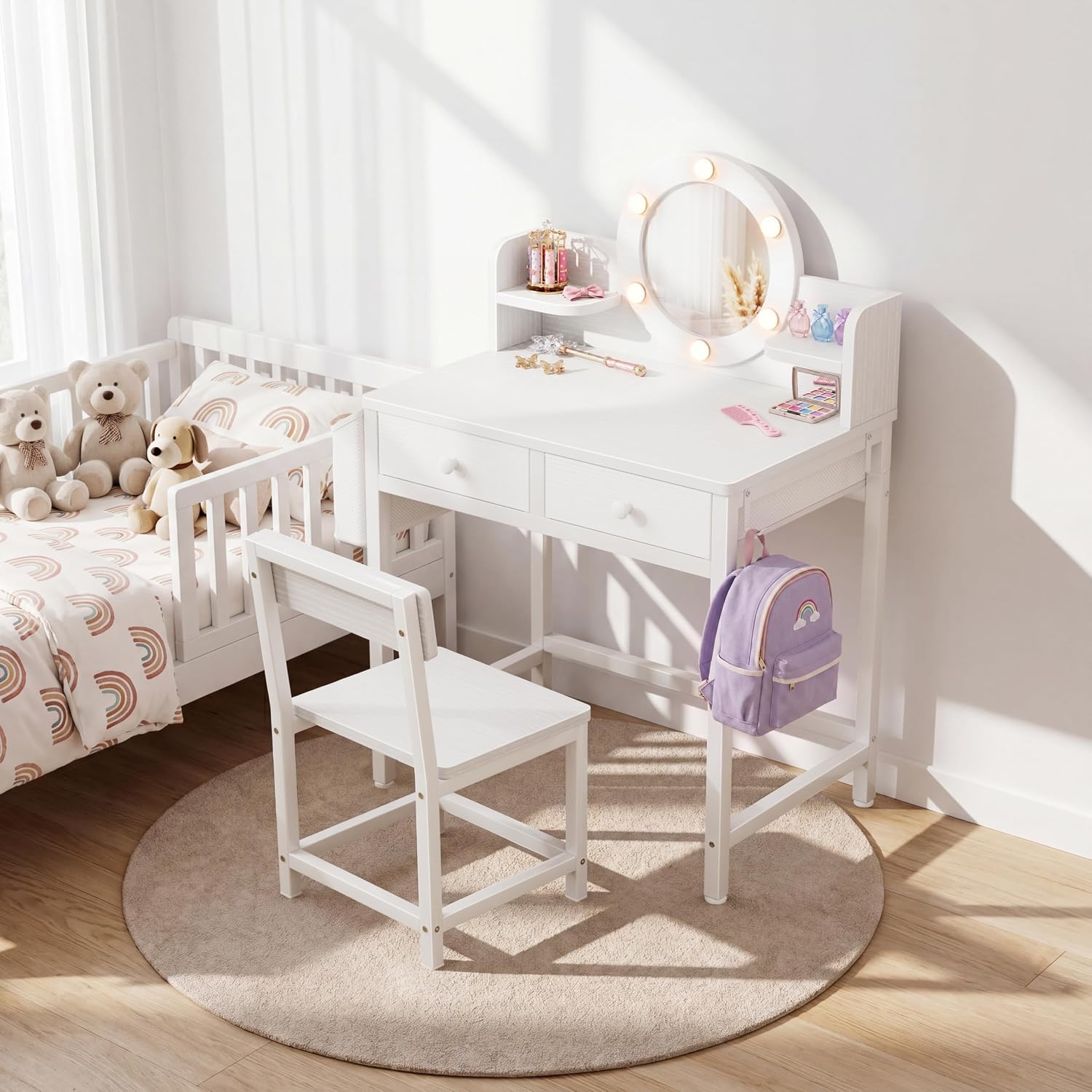 BOLUO Kids Vanity Table and Chair Set, Kids Vanity for Girls with Lights and Mirror, 2 in 1 Kid Vanity Set, Princess Makeup Vanity Desk with Drawers White