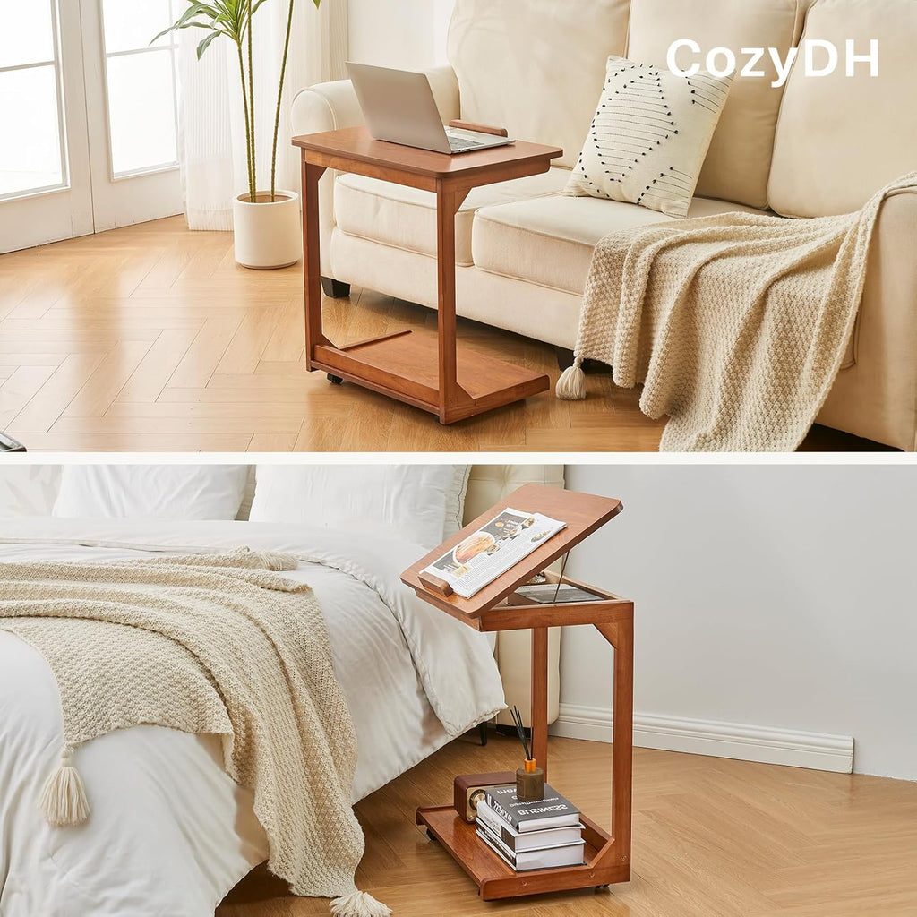 CozyDH Bedroom Side Table - Wooden End Tables Bedroom, C Shaped End Table with Wheels, Small Rolling Table for Bedside, Skinny Tray Desk for Sofa/Couch/Living Room, Teak
