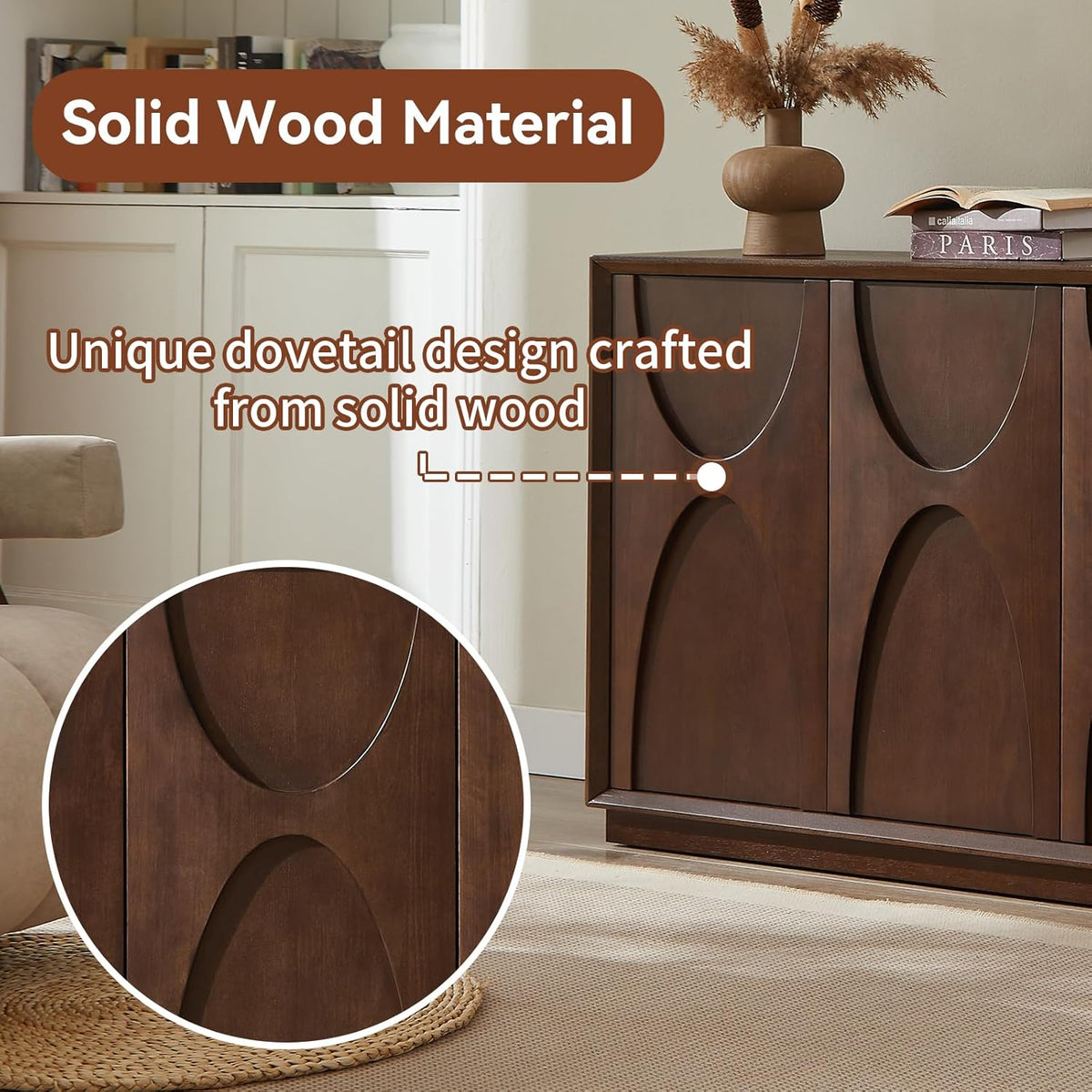 LKTART 59" Sideboard Buffet Cabinet Retro Accent Storage Cabinet with Magnetic Door Latches Adjustable Shelf for Living Room Kitchen(Walnut)
