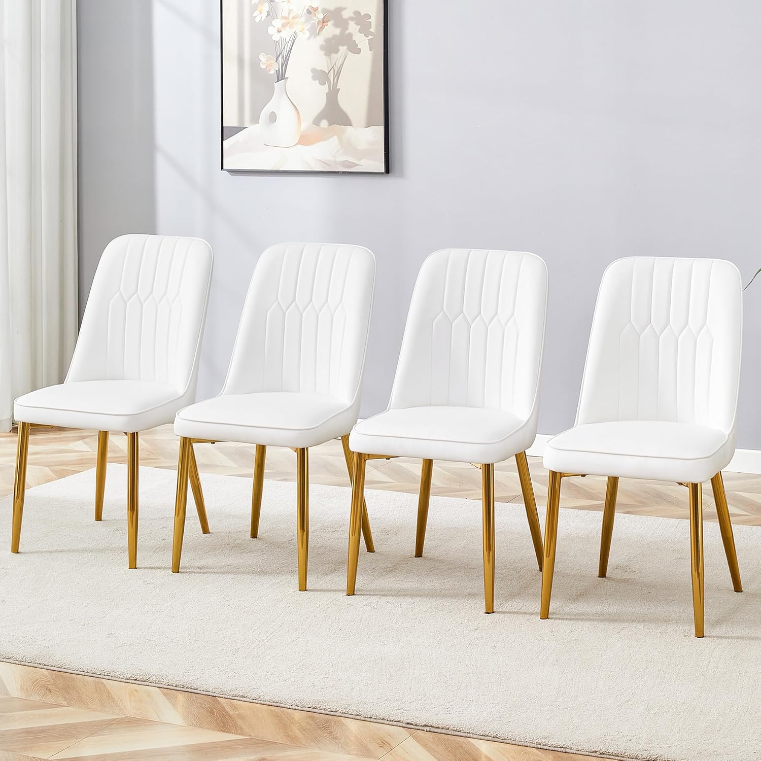 Modern Dining Chairs Set of 4,Upholstered Dining Room Chairs,Kitchen Chairs with Soft Backrest & Gold Metal Legs,Armless Dining Chairs for Kitchen Dining Living Room, White