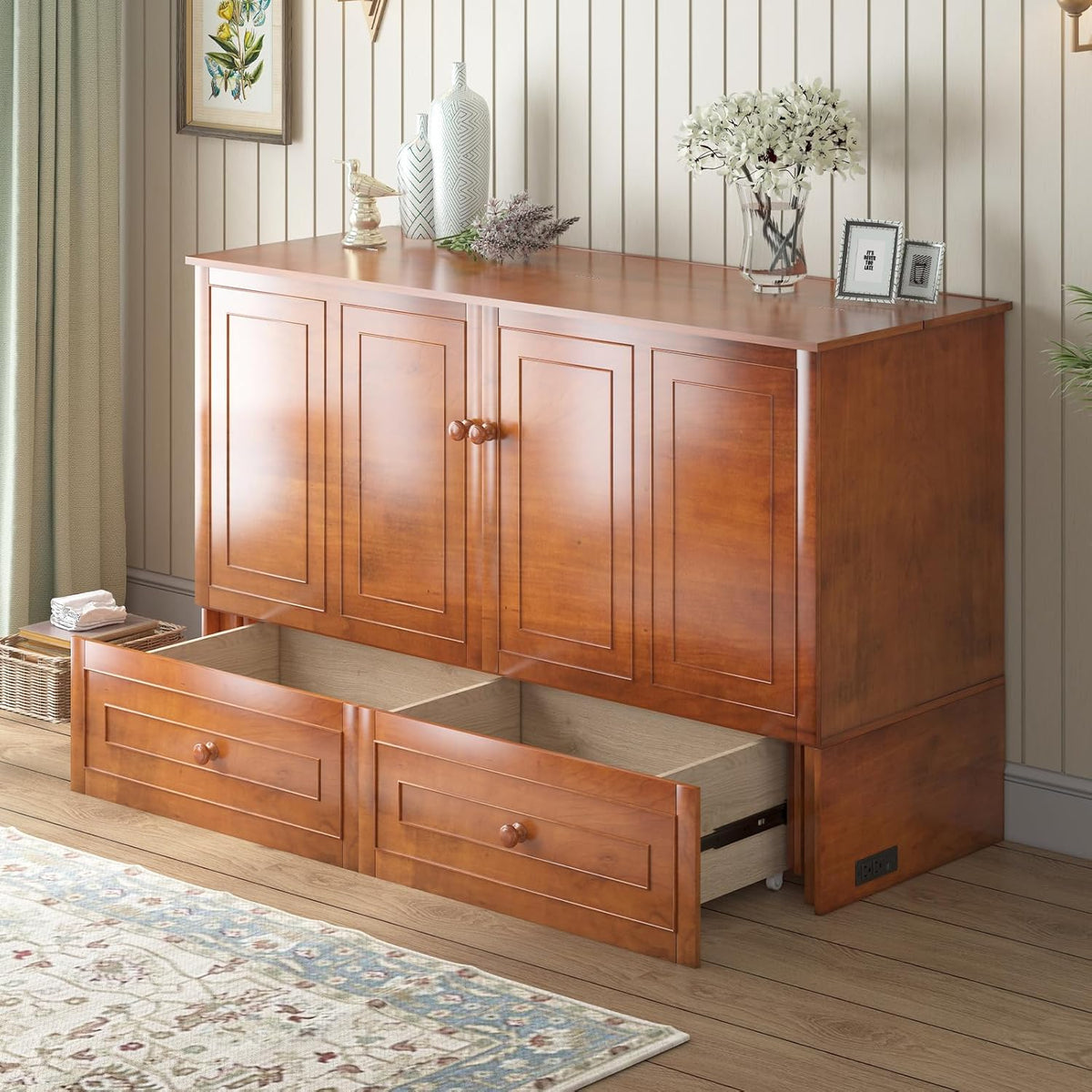 BALUS Murphy Bed, Queen Cabinet Bed, Modern Adults Guest Room Murphy Chest Cube Beds with Built-in Charging Station and Storage Drawers for Bedroom Apartment, No Mattress, Cherry