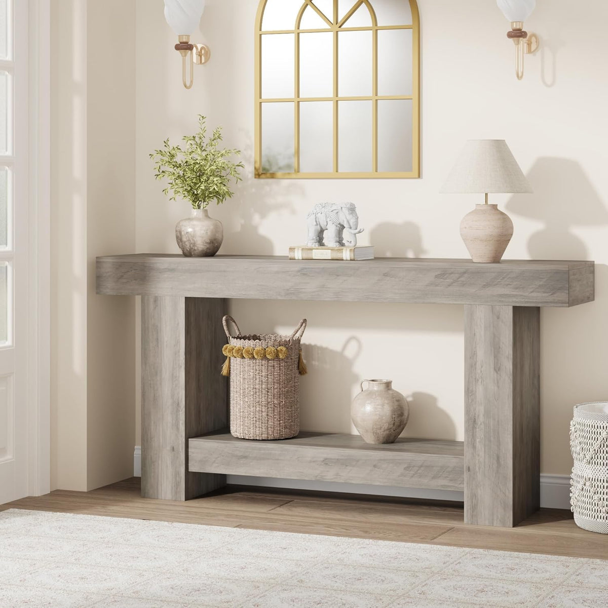 GarveeHome Entryway Console Table, Farmhouse 2-Tier Entryway Table, Long Sofa Accent Table Behind Couch Table with Open Storage for Entrance, Living Room, Hallway, Light Grey, 63"