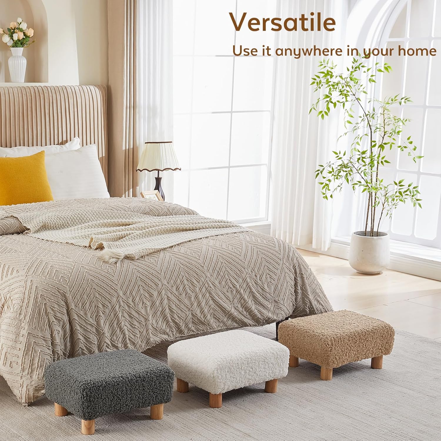 Small Foot Stool Ottoman, Sherpa Footstool Ottoman Foot Rest for Couch, Rectangle Footstools and Ottomans Small for Living Room, Entryway and Bedroom (Light Brown)