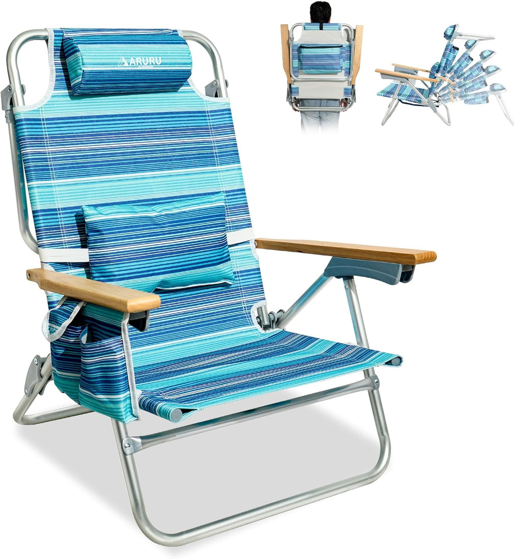 Beach Chairs for Adults, Portable Folding Backpack Beach Chair Heavy Duty 5-Position Lay Flat with Cooler Bag, Cup Holder for Outdoor/Lawn/Trip/Picnic/Fishing/Camping