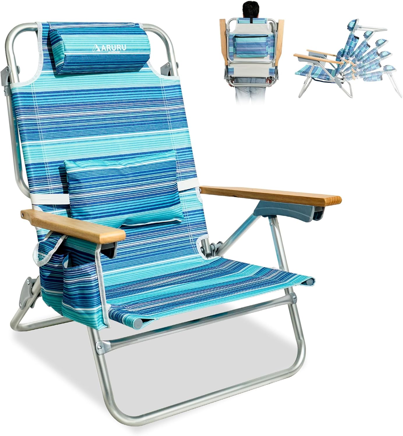 Beach Chairs for Adults, Portable Folding Backpack Beach Chair Heavy Duty 5-Position Lay Flat with Cooler Bag, Cup Holder for Outdoor/Lawn/Trip/Picnic/Fishing/Camping