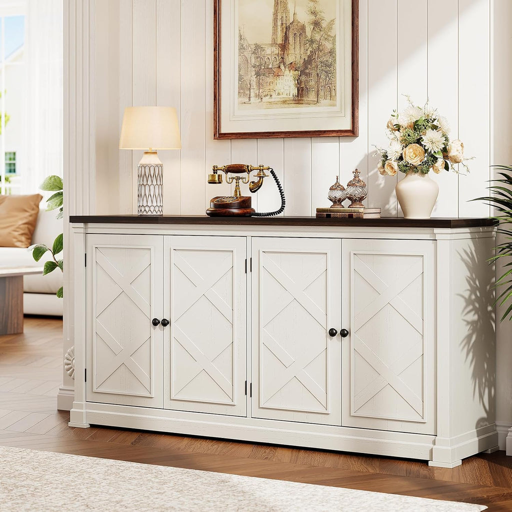 ONBRILL 63 Inches Buffet Cabinet with Storage, Large Sideboard Cabinet with 4 Barn Doors, Adjustable Shelves, Wood Coffee Bar Station for Kitchen, Living Room, Off White