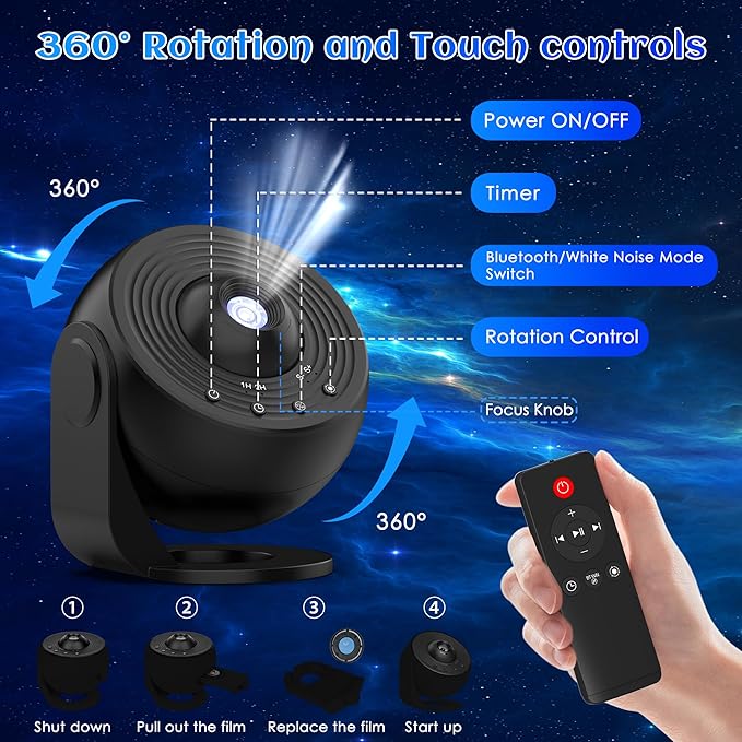 Galaxy Projector for Bedroom Pro Version, HD 12 in 1 Film Discs Star Projector with Bluetooth Galaxy Light, Planetarium Projector with Timer, White Noise, 360 ° Rotation, Remote Control，Black