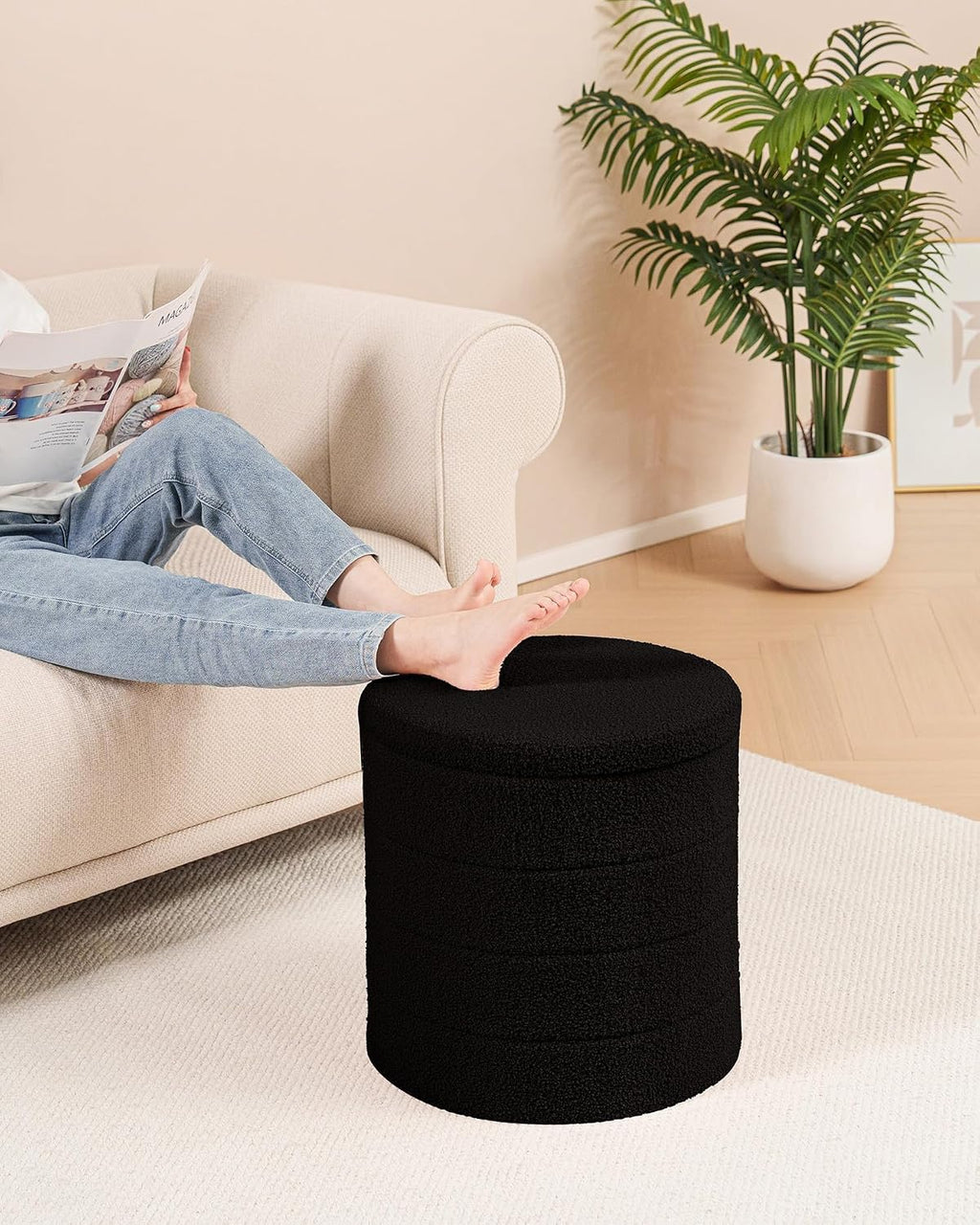 B FSOBEIIALEO Folding Storage Ottoman, Round Sherpa Ottomans, Black | 16.9" Foldable Ottoman With Tray, Boucle Foot Stool, Small Storage Coffee Table for Living Room, Bedroom, Hallway