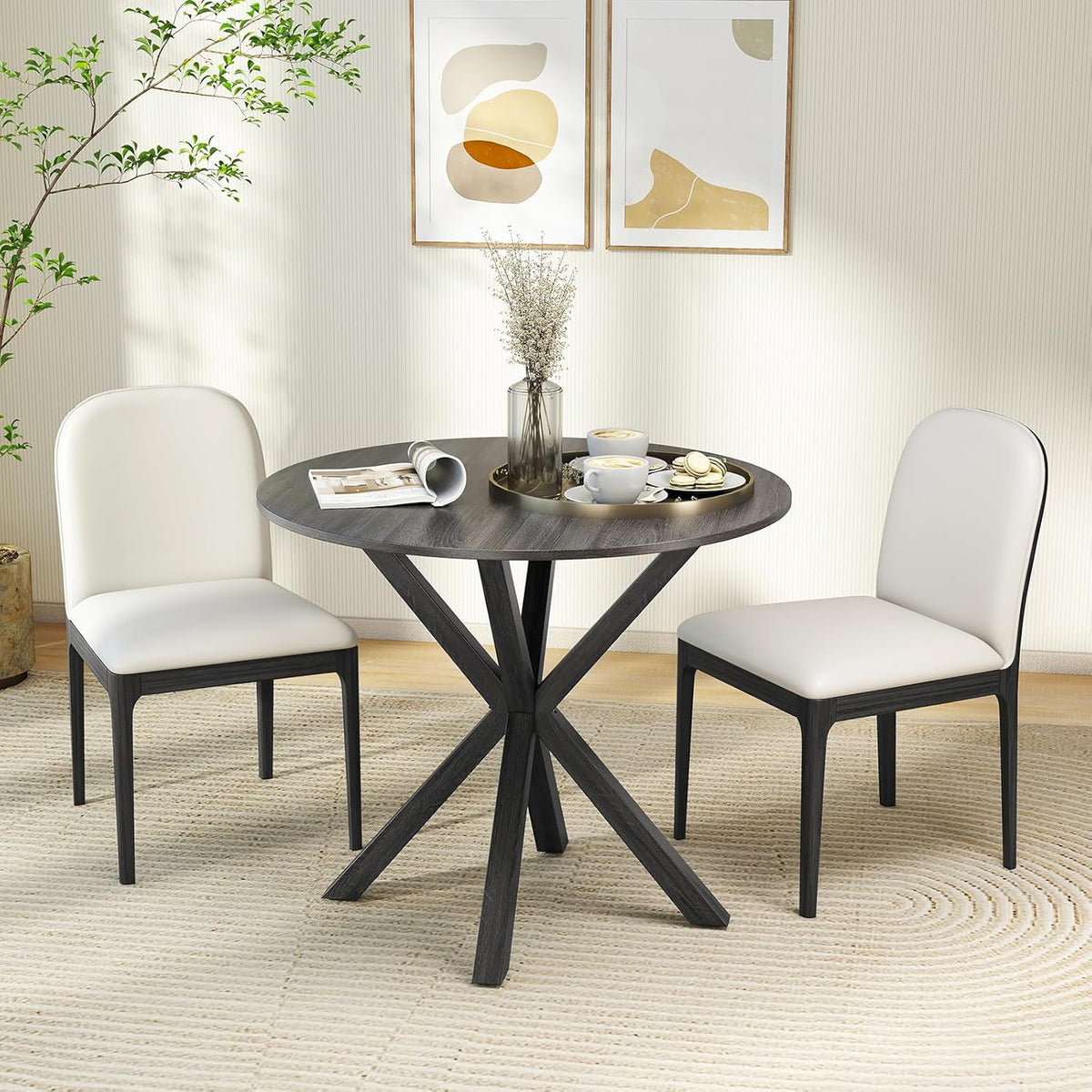 GOFLAME 36” Round Dining Table for 4 People, Wooden Kitchen Table with Intersecting Trestle Legs, Farmhouse Dinner Table for Dining Room, Living Room, Restaurant, Small Space, Dark Grey