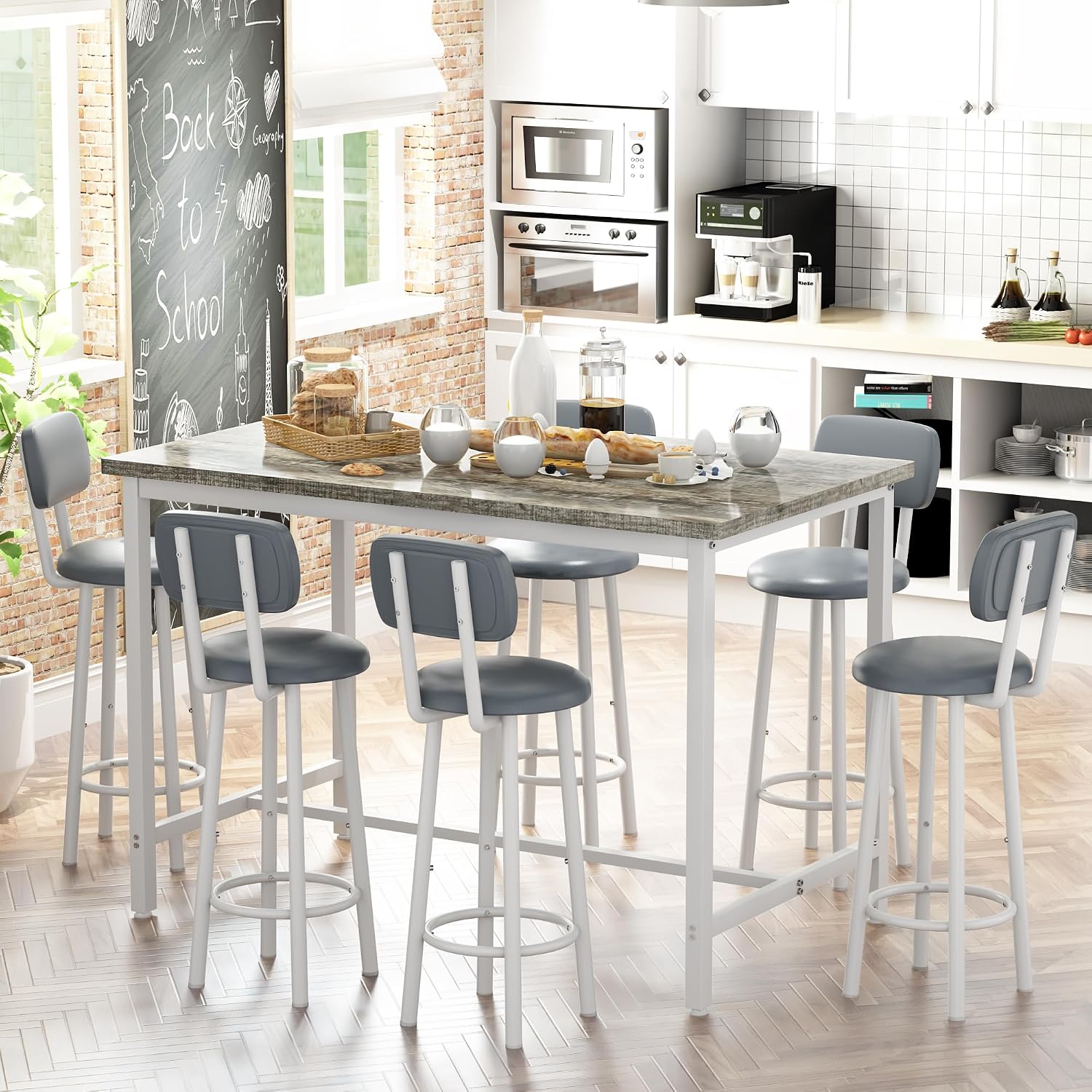 Recaceik 50" Dining Table Set for 6, 7-Piece Counter Height Bar Table Set with Upholstered Stools, Space-Saving Modern Pub Set for Kitchen, Breakfast Nook & Home Bar, Grey