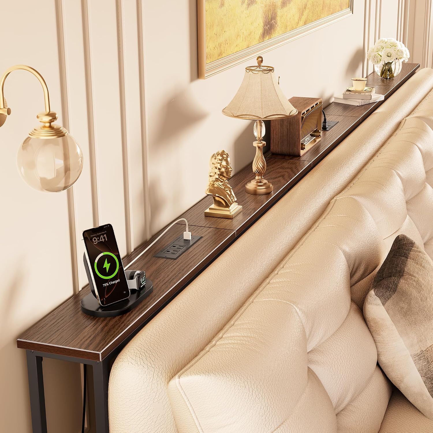 Huuger 118 Inch Sofa Table with Power Outlets, Skinny Behind Couch Table | 5.9 Inch Narrow Entryway Table, Extra-Long Console Table, Behind the Couch Table with Outlet for Living Room, Dark Walnut