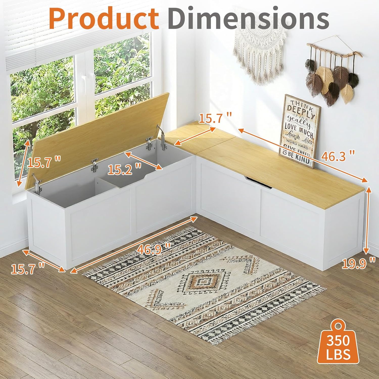 Zevemomo 63" L Shaped Storage Bench, White Breakfast Nook Benches, Corner Storage Bench with Hidden Storage for Dining Room, Kitchen, Entryway