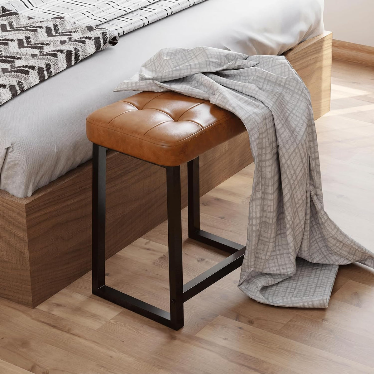 Vanity Bar Stool Chair, Makeup Stool Counter Height Stools,Small Ottoman Footrest for Living Room, Bathroom, Bedroom, Offices，Leather &Metal Legs with Anti-Slip Feet,Rustic Brown