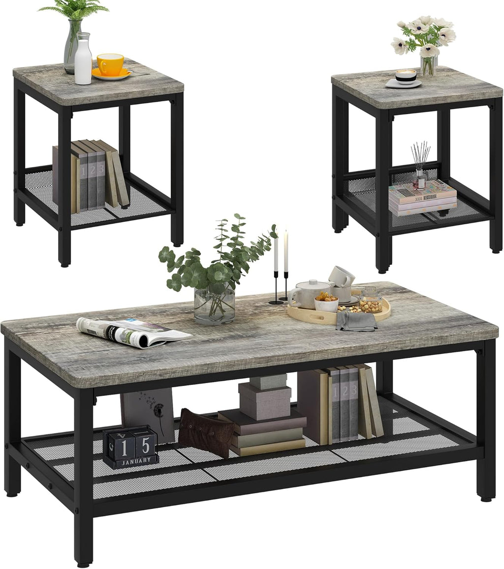 Lamerge Coffee Table Set of 3 Coffee Table and end Table Sets, Modern Metal Frame Living Room Center Table for Small Apartment Home Office（Gray）
