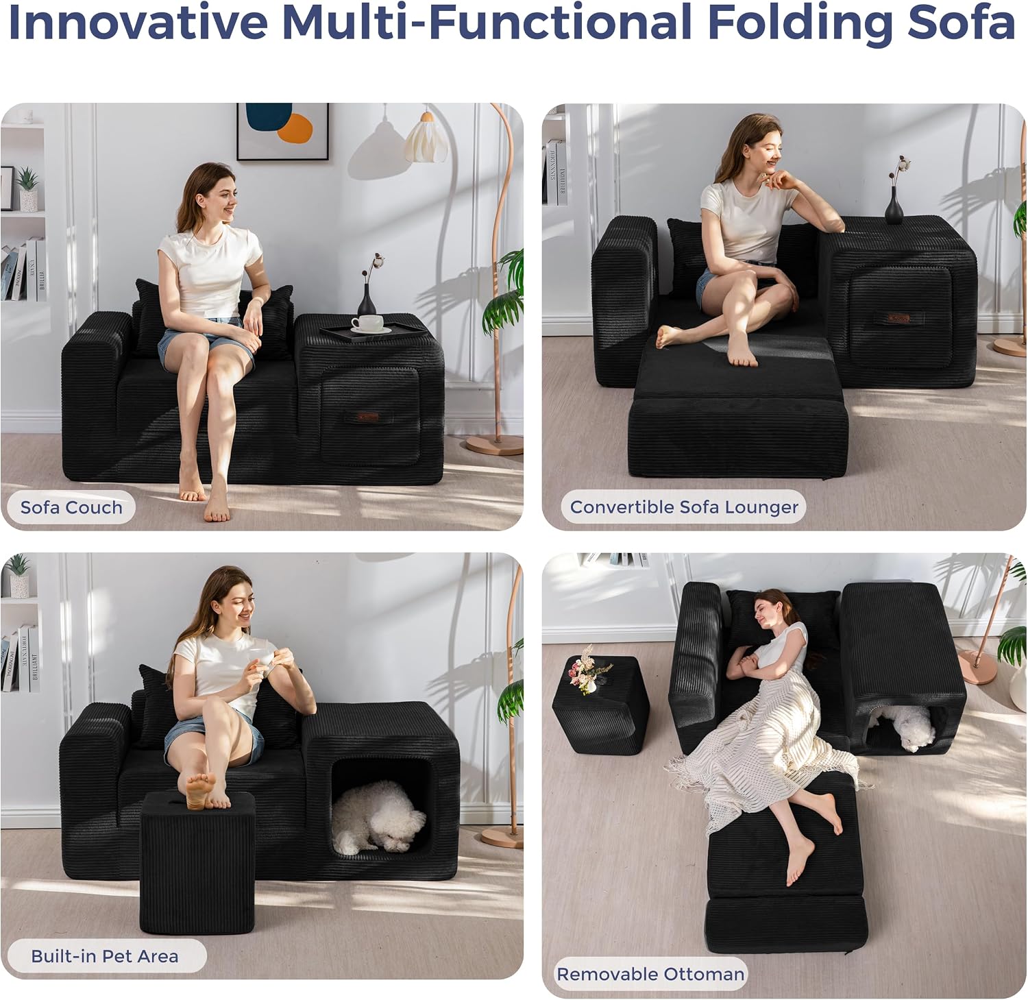 MAXYOYO Folding Sofa Couch, Convertible Floor Sofa with Armrest, Multifunctional Sofa with Pillow and Pockets, Couch for Living Room, Black