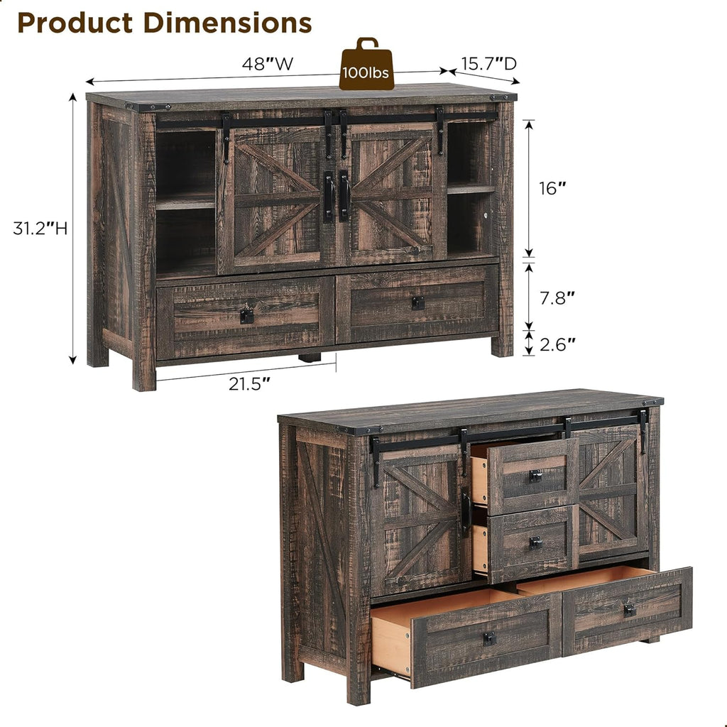 T4TREAM Farmhouse Sideboard Buffet Cabinet with Storage, 31.2'' Tall Kitchen Cabinet with 2 Sliding Barn Doors and 4 Drawers, Rustic Wood Coffee Bar Table for Dining Room, Dark Rustic Oak