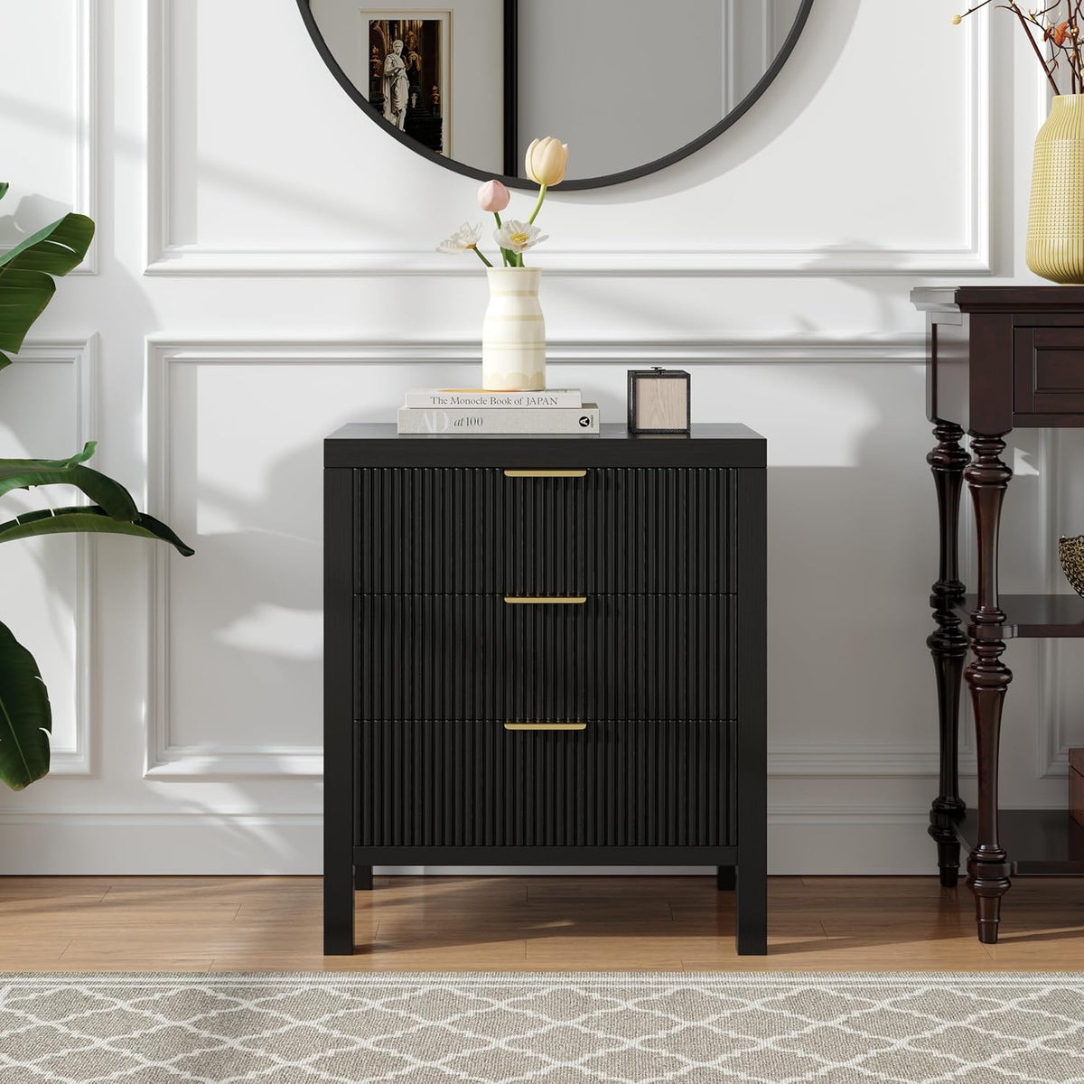 Fluted Nightstands Set of 2, Wooden Farmhouse Night Stands with 6 Drawer Bedside Table - Boho Tall End Table Accent Table for Bedroom, Living Room, （Black 2PCS）