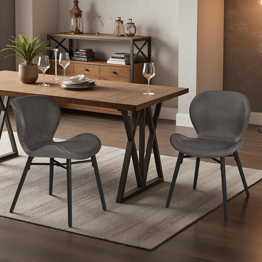 Modern Dining Chair Set of 4, Comfortable Dining Room Chairs with Thick Cushions, Faux Leather Upholstered Kitchen Armless Side Chairs, Wooden Leg for Home, Kitchen, Grey