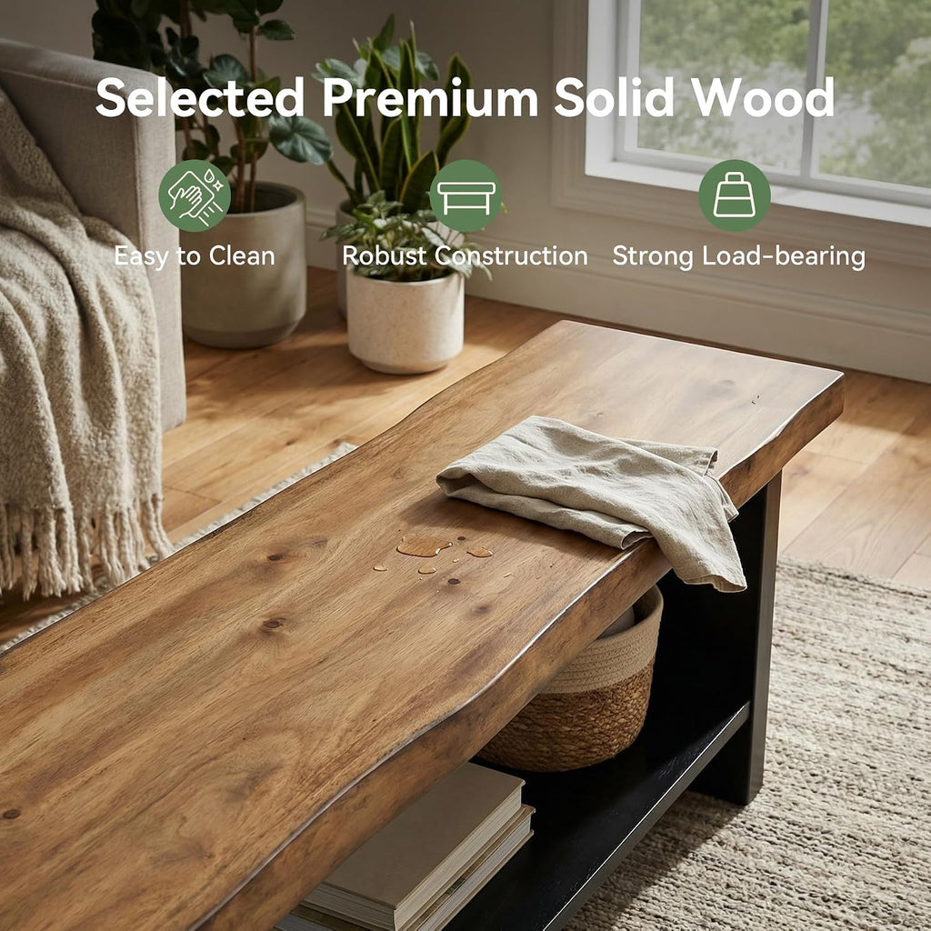55" Solid Wood Bench with Shoe Storage, 2-Tier Farmhouse Entryway Bench, Narrow Rustic Brown Bench for Bedroom, Hallway