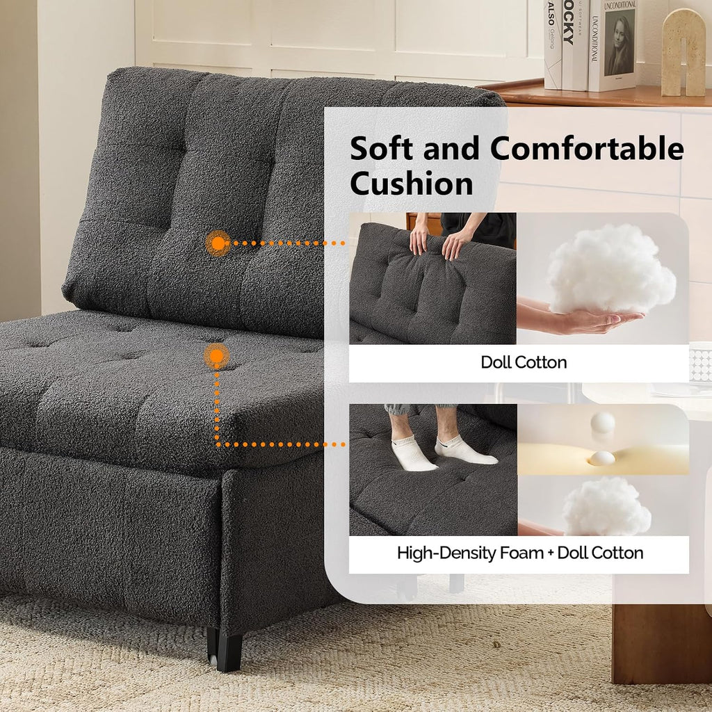VINGLI Convertible Sofa Bed Tufted Teddy Fleece Sleeper Chair Bed Couch Armless Living Room Chairs with Adjustable Backrest Pull Out Couch Bed for Small Spaces