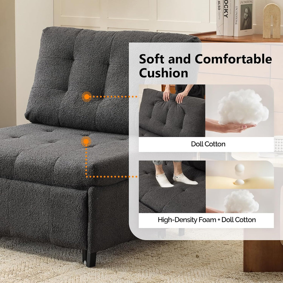 VINGLI Convertible Sofa Bed Tufted Teddy Fleece Sleeper Chair Bed Couch Armless Living Room Chairs with Adjustable Backrest Pull Out Couch Bed for Small Spaces