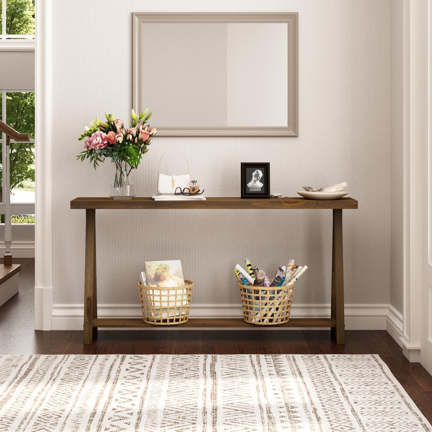 Farmhouse Console Tables for Living Room, 63" Solid Wood 2-Tier Sofa Table, Rustic Hallway Table for Entryway, Natural