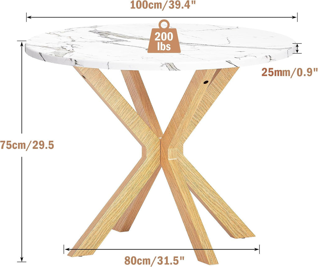DlandHome Round Dining Table for 4, 39.4 Inches Kitchen Table with X Shaped Wooden Pedestal Base, Circle Dinner Tables for Dining Room, Kitchen, Living Room(Table Only), Marble & Oak Color