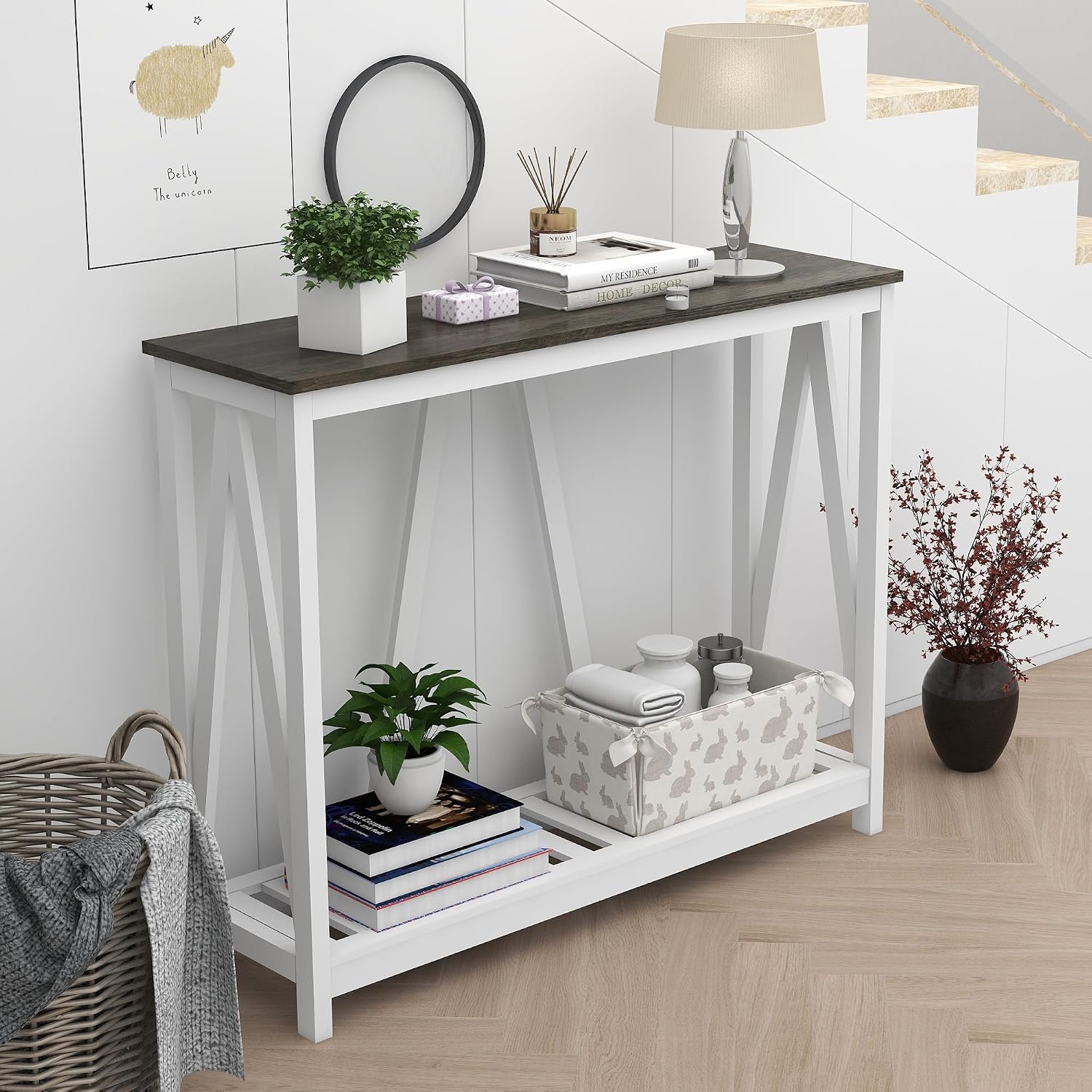 Entryway Table, 39" Farmhouse Console Table with Shelf Narrow Foyer Table | | 2-Tier Open Shelf,V-Shape Anti-Tip Legs,Slim Narrow Design,30-Min Easy Assembly,Sofa Table Use,Two-Tone Finish,Dark Oak