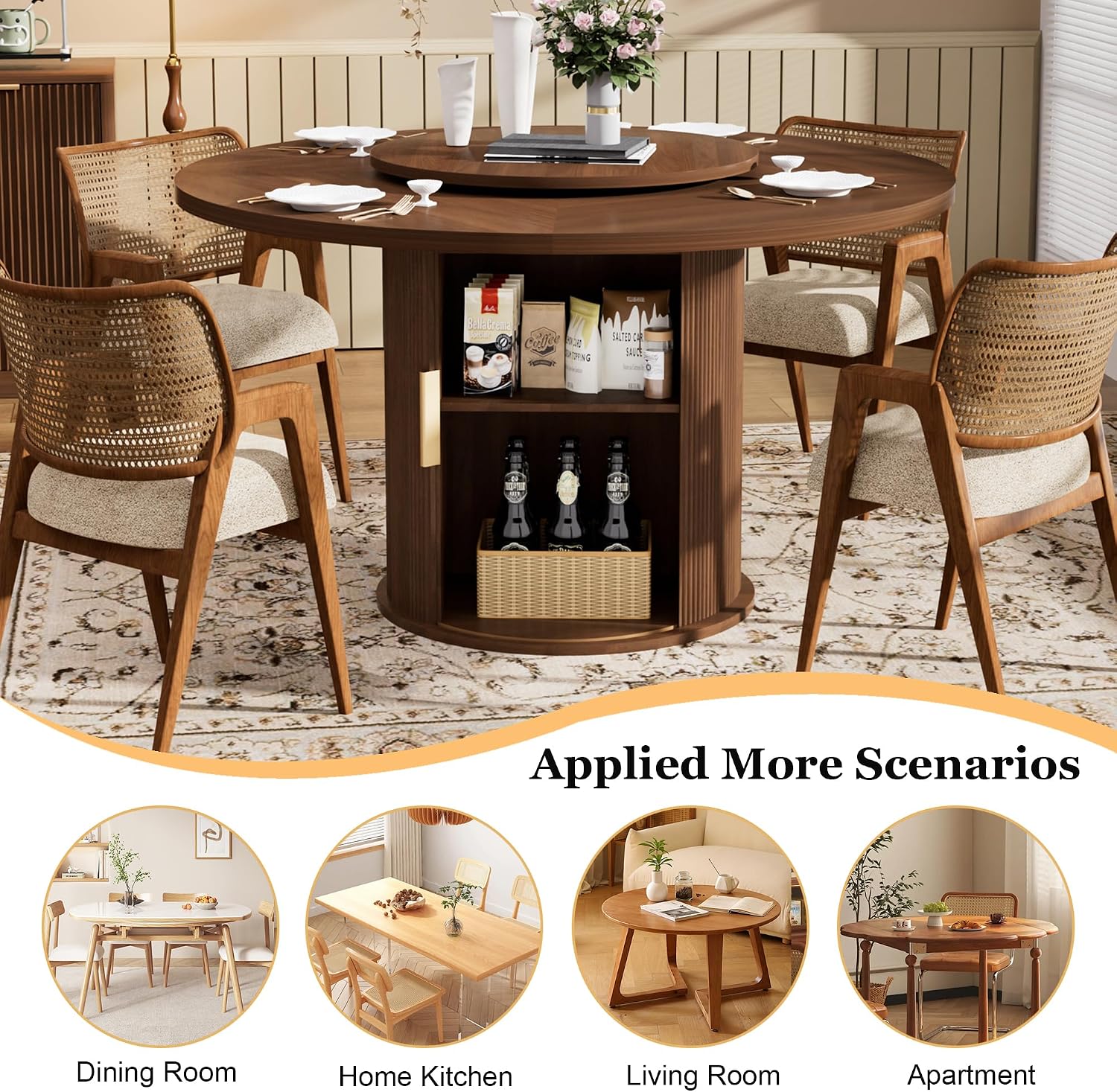 55'' Round Dining Table for 4-6, Mid-Century Modern Kitchen Table with Rotating Tray and 2-Layer Storage Shelf, Wood Slide Door Dining Room Table for Home Living Room, Walnut