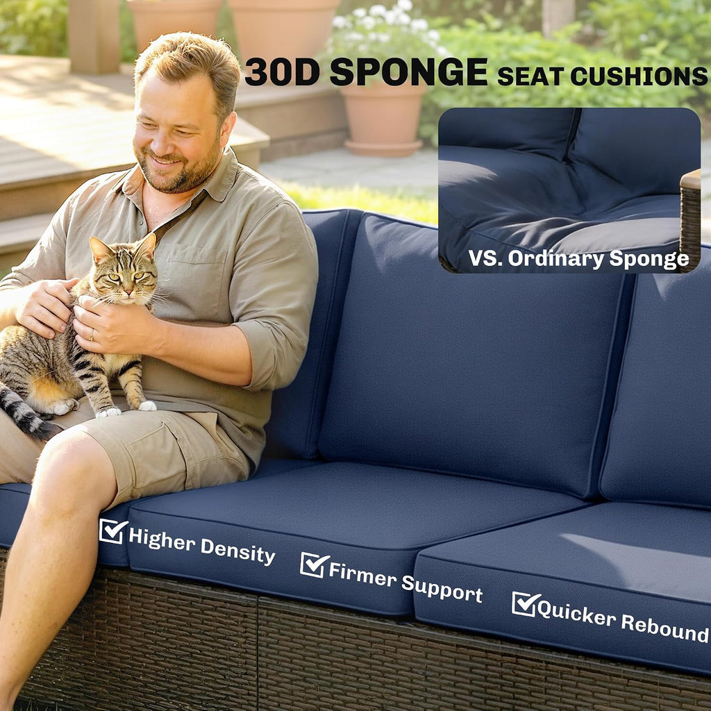 Outsunny 3 Seater Outdoor Couch Sofa, PE Wicker Patio Couch with Wide Deep Seating, 4" Foam Cushions, Wood-Effect Armrests and Legs, Patio Sofa Furniture for Garden, Backyard, Porch, Dark Blue