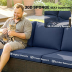 Outsunny 3 Seater Outdoor Couch Sofa, PE Wicker Patio Couch with Wide Deep Seating, 4" Foam Cushions, Wood-Effect Armrests and Legs, Patio Sofa Furniture for Garden, Backyard, Porch, Dark Blue