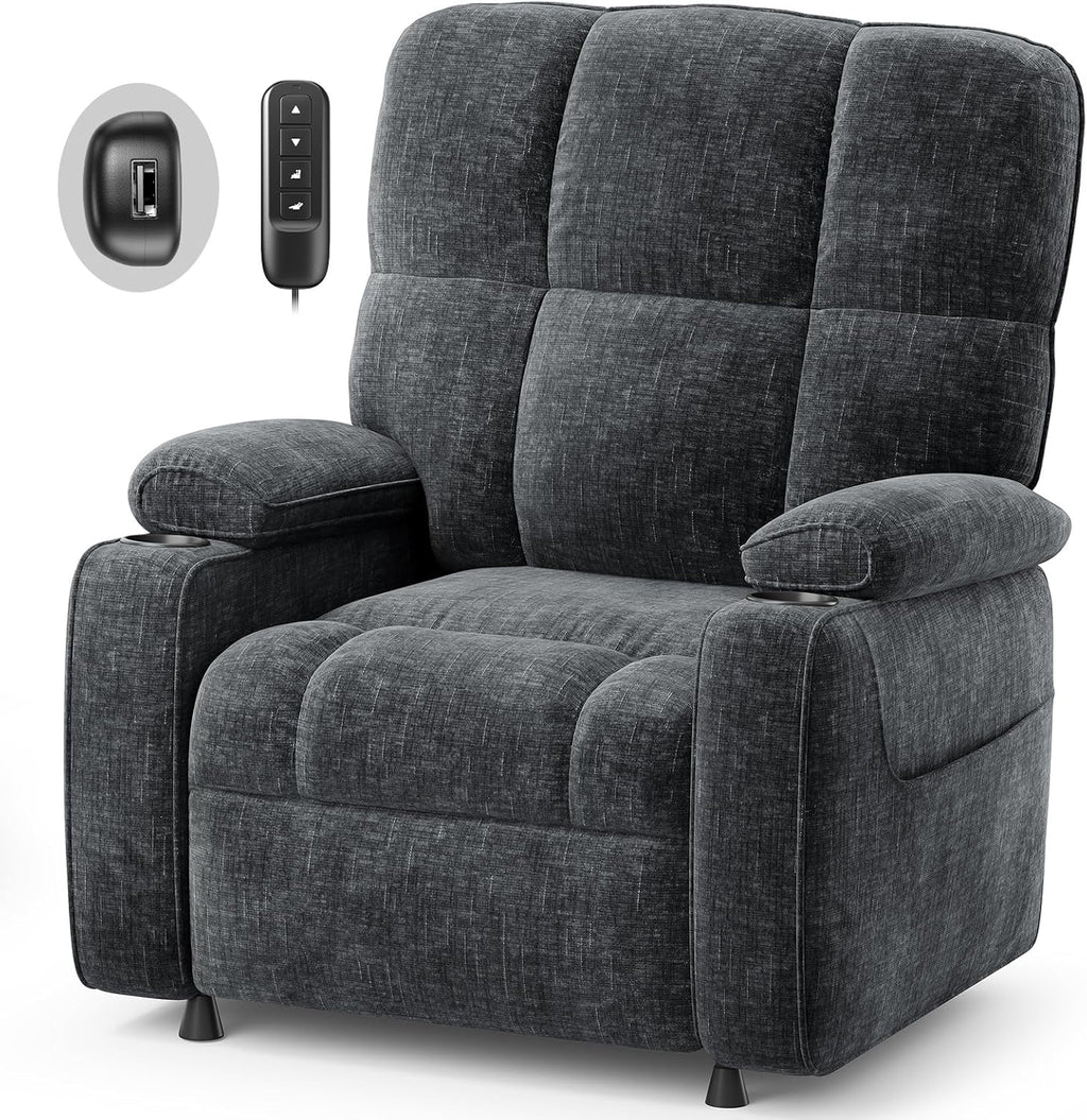 AMADA HOMEFURNISHING Power Recliner Chair for Adults, One-Touch Synchronized Electric Recliner with USB Ports, Cup Holder & Side Pockets, Thick Seat Cushion, Chenille, Living Room & Bedroom