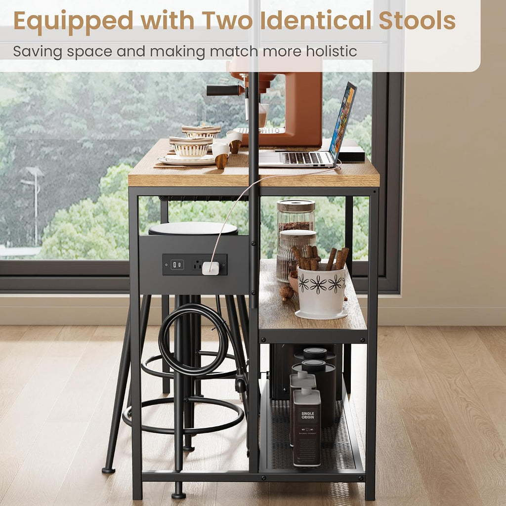 Kitchen Microwave Stand Coffee Bar Table with Storage, Natural | Small Kitchen Island with Power Outlet, 2 Bar Stools ＆ 5 Hooks, adjustable Industrial Bakers Rack for Apartment Dining Room