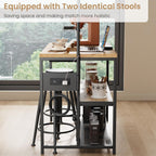 Kitchen Microwave Stand Coffee Bar Table with Storage, Natural | Small Kitchen Island with Power Outlet, 2 Bar Stools ＆ 5 Hooks, adjustable Industrial Bakers Rack for Apartment Dining Room