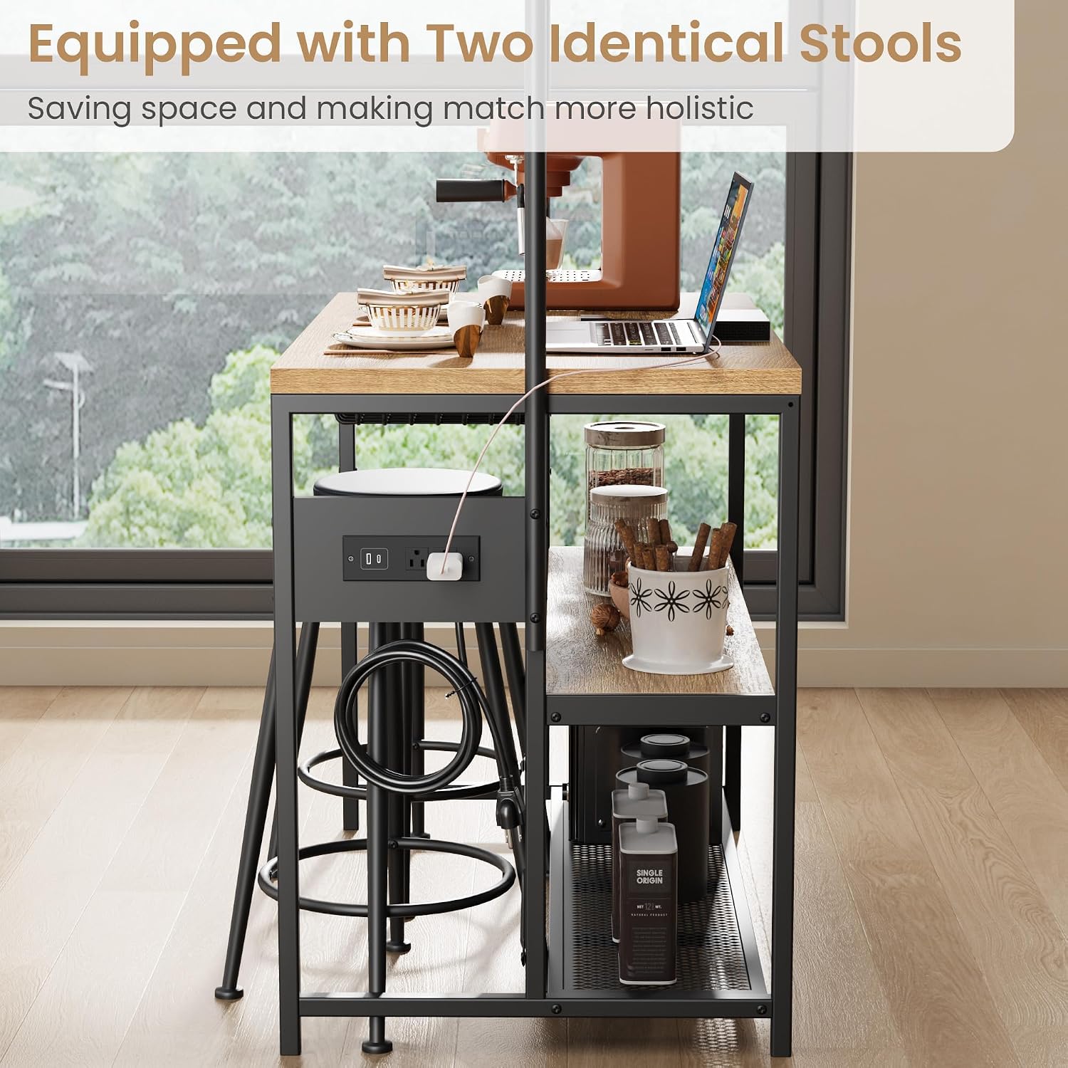 Kitchen Microwave Stand Coffee Bar Table with Storage, Natural | Small Kitchen Island with Power Outlet, 2 Bar Stools ＆ 5 Hooks, adjustable Industrial Bakers Rack for Apartment Dining Room